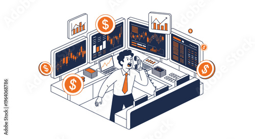 Professional Male Stock Trader Shouting On Phone While Monitoring Many Financial Market Screens And Dollar Profits