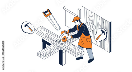 A pro man at work in shop with saw tool on wood for home diy task