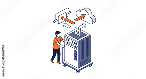 Man pushing server rack to cloud storage network data center web host technology information work base link flow tool