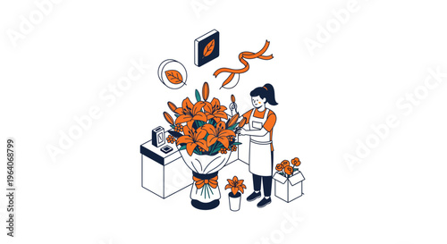 A girl at a shop with big orange lily plant flower pot in a box gift