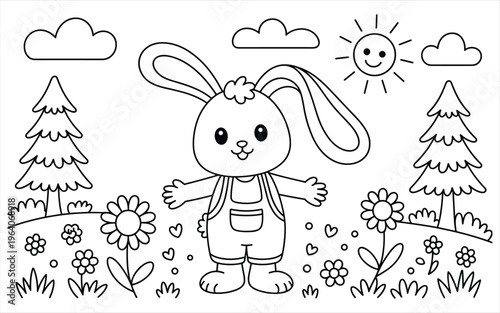 Cute bunny wearing overalls standing in a flower meadow coloring page