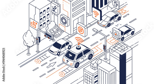 Smart city car tech iot urban road map art web app icon data net link