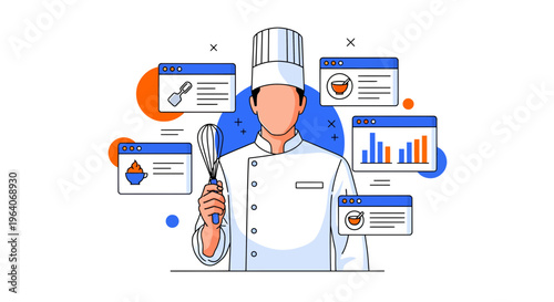 Chef Using Web App To Manage Food Menu Data Info List Icon Page Task Map