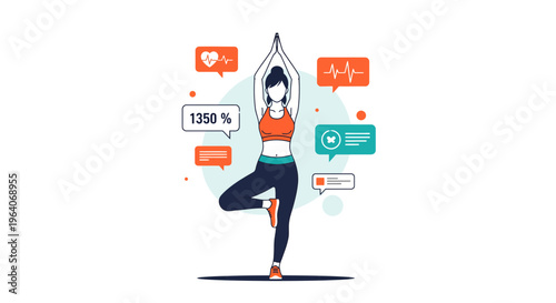 Fit gal do yoga tree pose with app data info health stat and fun art