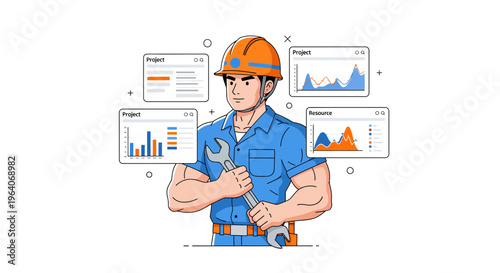 Man with tool and data for work and job plan at site with chart art