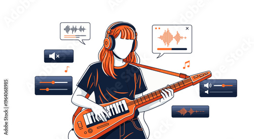 A girl plays keytar and edits sound with app tool and her pc at home