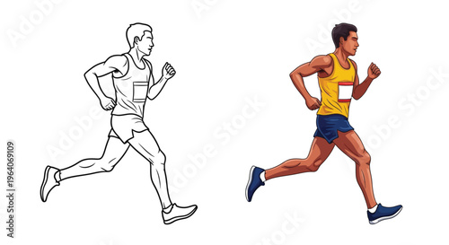 Dynamic vector illustration of a male marathon runner in motion, showcasing athletic determination and healthy lifestyle through a vibrant graphic design.