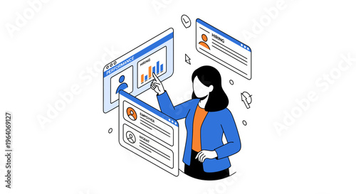 Professional woman managing data hiring process recruitment human resources management dashboard interface analytics profile work system