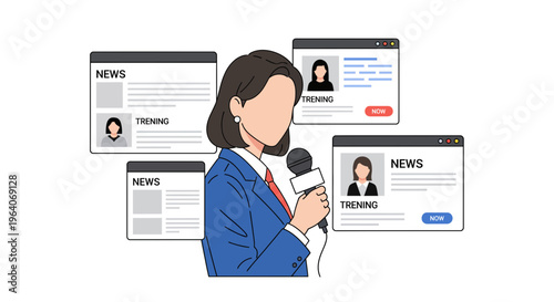 New lady with mic and web page in flat art design for news info show