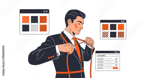 Professional tailor measuring bespoke suit using modern digital user experience design and fabric pattern selection and customer data