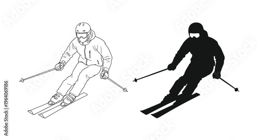 Dynamic vector illustration showcasing a skier in action, presented as both a detailed outline graphic and a stark silhouette design.
