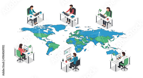 Remote work team global map people desk laptop office home worker job net hub link join group digital nomad