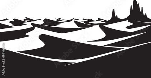 Desert landscape vector silhouette illustration, sand dunes and rugged mountains line art