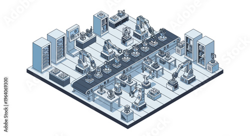 Smart factory automation with robotic arms conveyor belts and tech systems for industrial manufacturing production and assembly