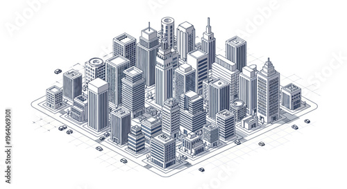 Modern isometric smart city grid showing skyscrapers office buildings and busy urban street layout design
