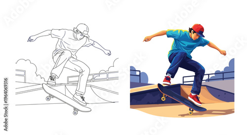 Dynamic vector illustration of a skateboarder performing an aggressive trick off a ramp at a skatepark