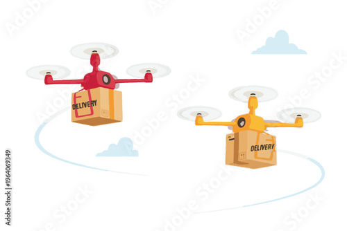 Two delivery drones carrying packages in the sky vector