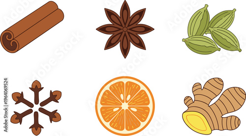 Illustration of aromatic spices and flavor ingredients including cinnamon, star anise, cardamom, cloves, orange slice, and ginger root used in cooking, baking, and beverages.
