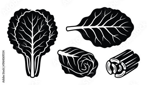 Collard greens silhouette vector set featuring whole leaf bunch sliced roll and chopped stem parts