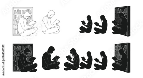 Vector graphic illustration set depicting male and female figures seated on the floor reading books near bookshelves