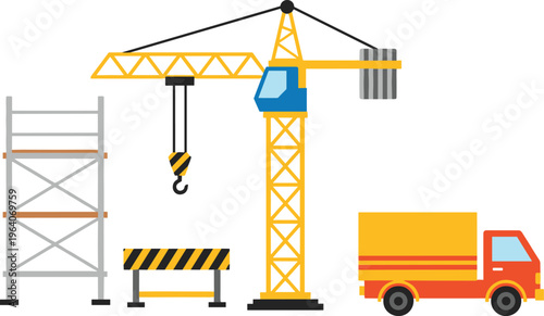 Illustration of construction site equipment including tall tower crane, scaffold structure, safety barrier, and construction truck representing industrial activity, engineering, and building process.