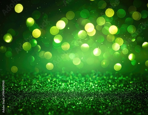 A vibrant green bokeh background with sparkling glitter.