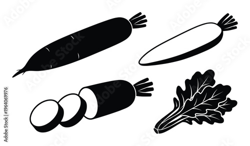 Daikon radish vector set showing whole vegetable with sliced pieces and bunch of fresh green leaves