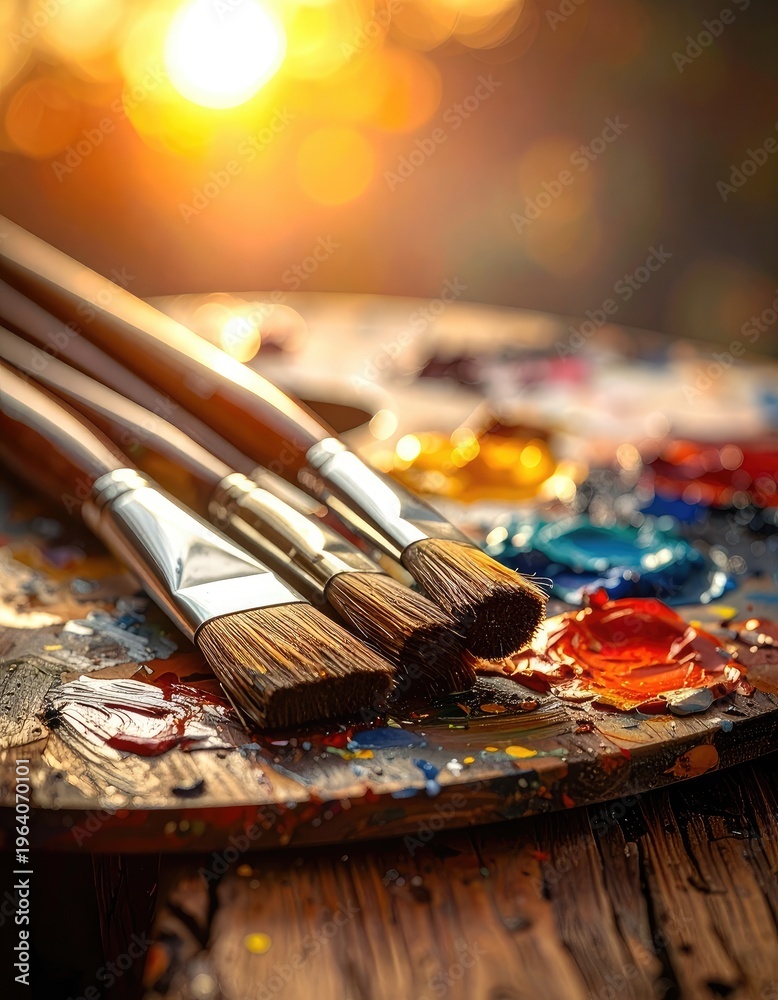 Fototapeta premium Artistic brushes rest on a paint-splattered wooden palette bathed in warm, golden sunlight.