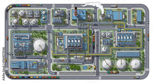 Aerial View of a Large Industrial Complex with Tanks and Structures.