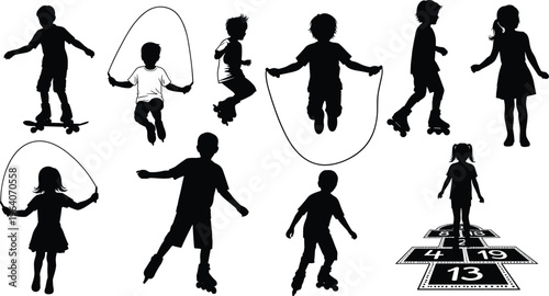 Silhouette illustration of children playing outdoor activities including jump rope, roller skating, and hopscotch, representing childhood recreation, playful motion, and physical exercise.