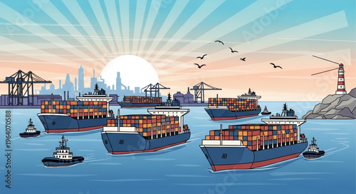 Container Ships at Port with Cranes and Cityscape.