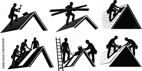 Silhouette illustration of construction workers on pitched roofs performing roofing tasks including hammering, carrying beams, installing tiles, teamwork, and maintenance in building industry.