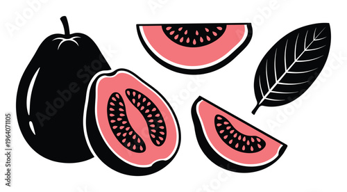 Guava fruit vector set with whole pink tropical fruit halves slices and single green leaf elements