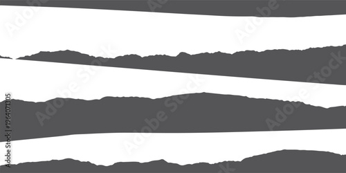 Four horizontal dark gray torn paper strips with rough uneven edges on a white background