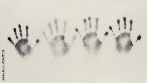 Four black ink handprints arranged in a horizontal row on a plain off white paper background