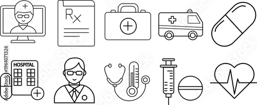 Set of medical and healthcare icons, thin line style, vector illustration vector illustration
