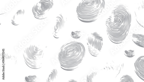 Grey fingerprint patterns scattered on a plain white background