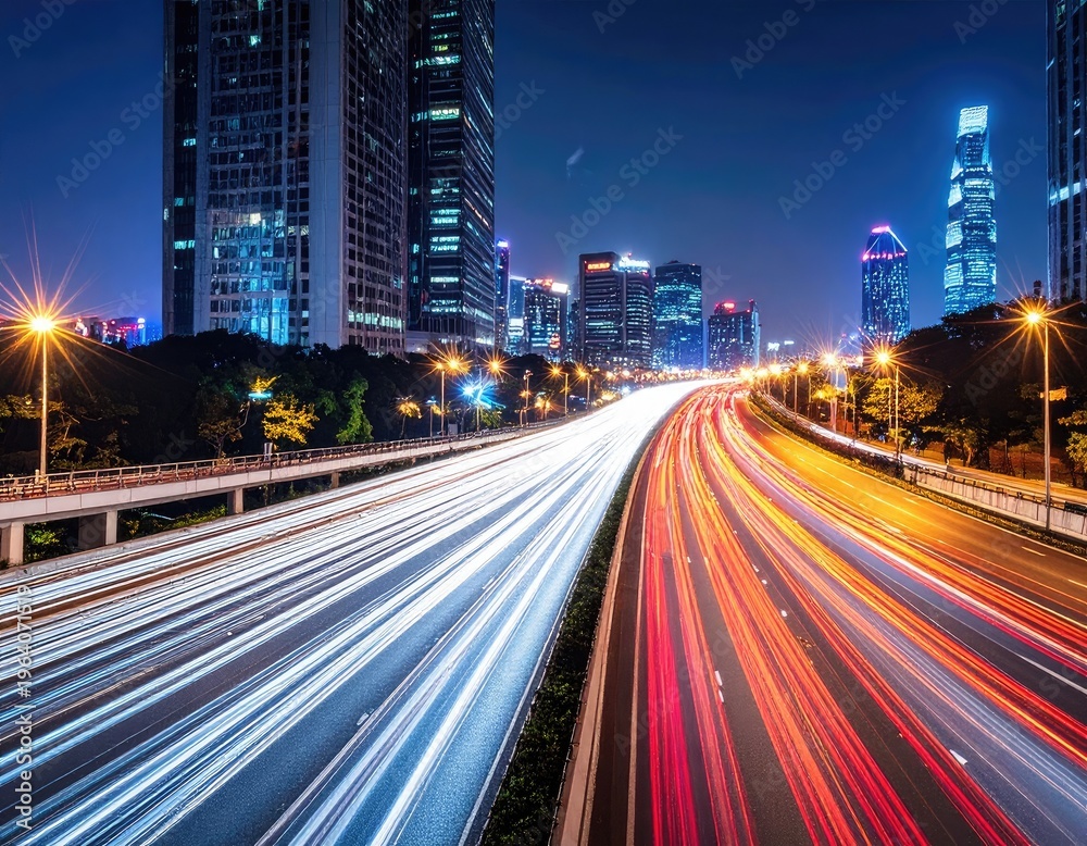 Obraz premium Busy highway at night with light trails of vehicles and illuminated skyscrapers.