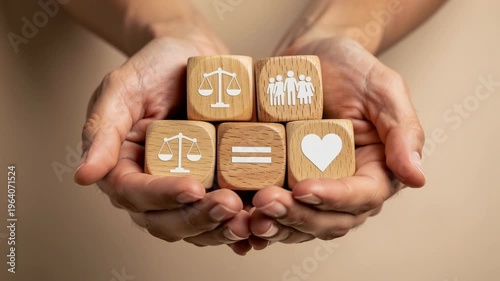 Hands holding wooden blocks with equality, justice, family, and love symbols promoting human rights and social unity
