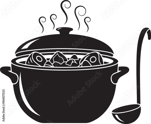 Steaming hot pot with ladle.