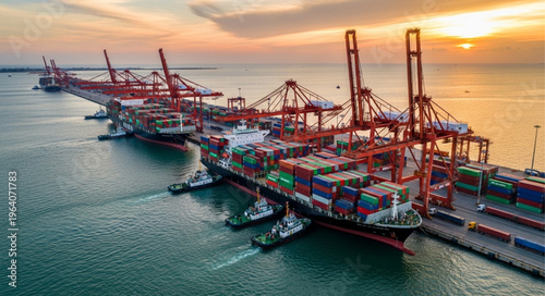 Busy Container Port at Sunset - Cranes, Ships, and Cargo.