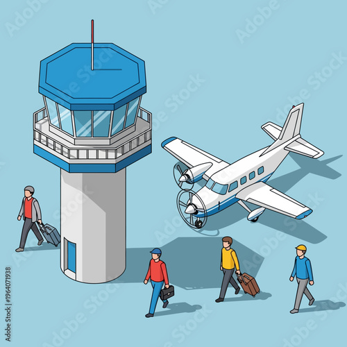 People walking near airport control tower and plane.