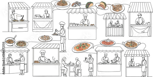 Food market vendors selling dishes