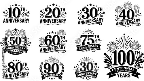 Anniversary Badges Collection, Milestone Celebration Logos, 10th to 100th Year Event Icons, Vintage Style Party Graphics, Vector Set