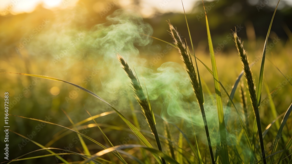Fototapeta premium Close-up of vetiver grass swaying with green vapors in sunlit natural essential oil field