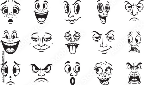 Collection of 12 unique cartoon faces with various comedic expressions and emotions