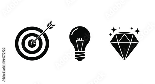 Vector illustration of set of icons representing target, idea, and diamond
