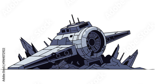 crashed spaceship wreckage an abandoned sci-fi illustration of an alien craft buried in a frozen icy environment.
