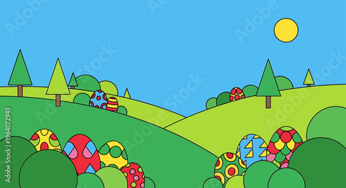 easter egg hunt featuring colorful patterned eggs hidden in a vibrant green spring landscape a charming cartoon illustration.