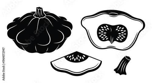 Pattypan squash vector set with whole custard marrow fruit plus sliced pieces and stem illustration